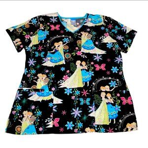 Disney Women’s Scrub Shirt Black FROZEN Elsa & Anna Flowers Floral Size Large